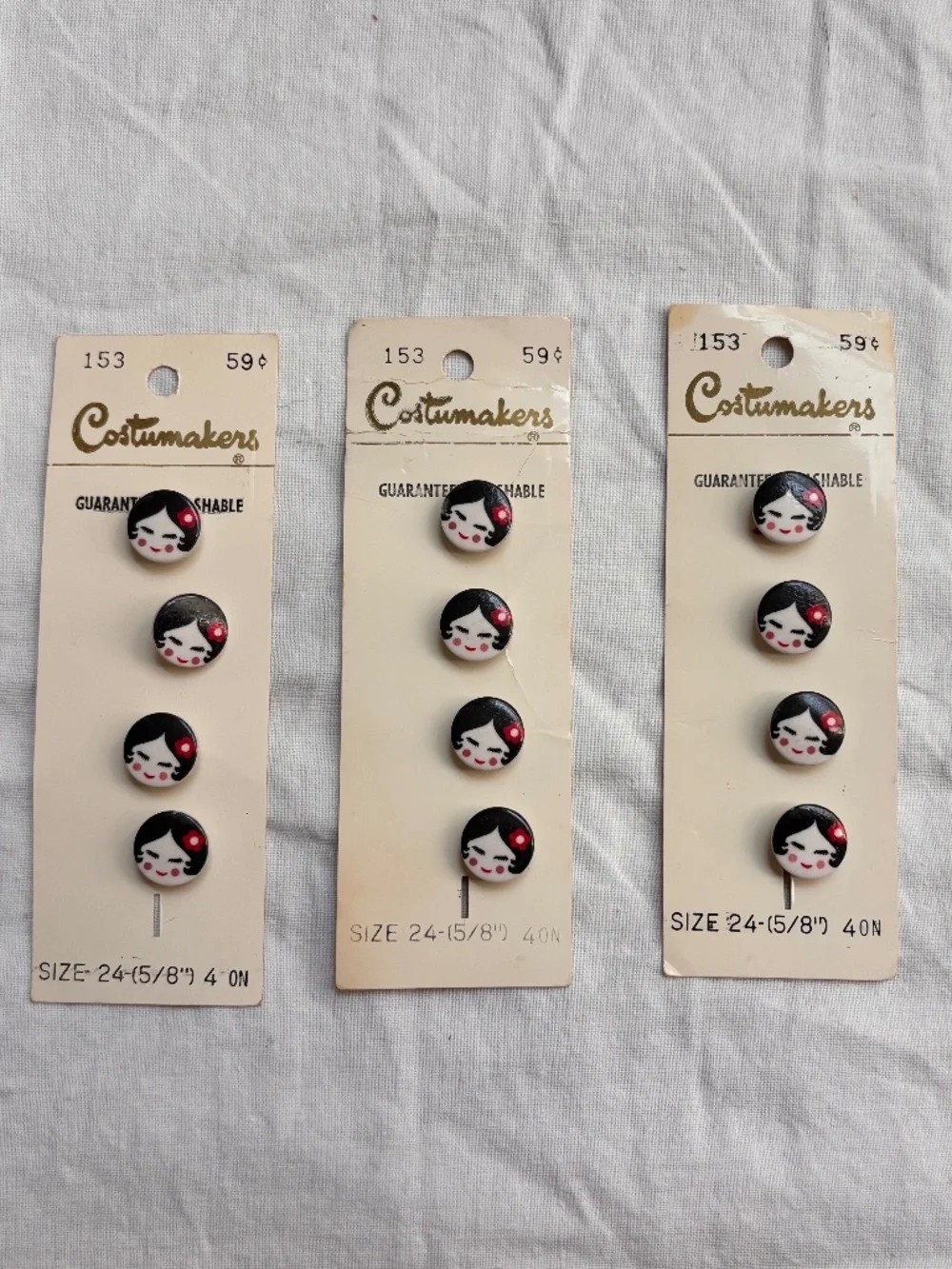 Lot of 3 Vintage Costumakers Girls Face Plastic Buttons on Original Card